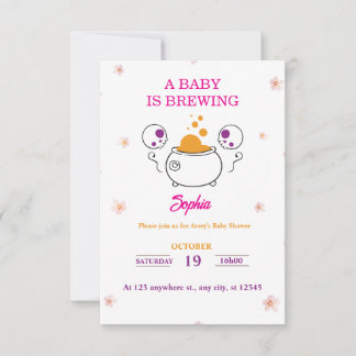 Baby is Brewing Halloween Pink Girl Baby Shower RSVP Card