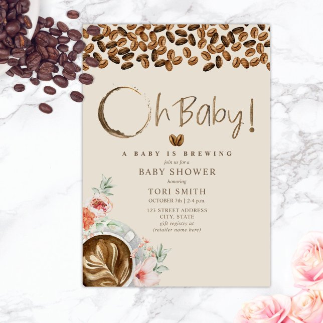 Baby Is Brewing Oh Baby Floral Coffee Baby Shower Invitation (Creator Uploaded)