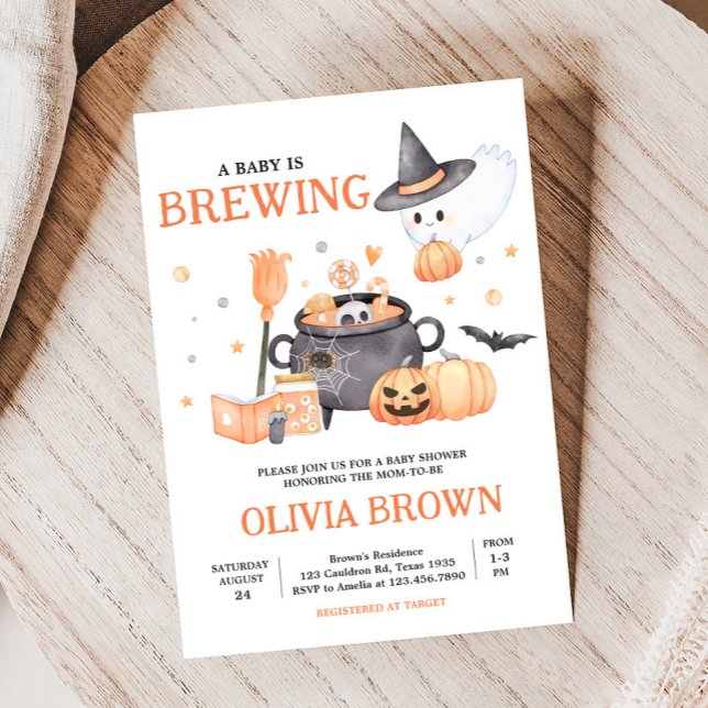 Baby is Brewing Orange Halloween Baby Shower  Invitation (Baby is Brewing Baby Shower Invitation)