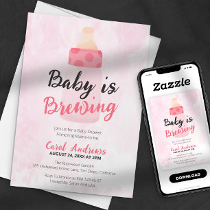 Baby is Brewing Pink Bottle Watercolor Baby Shower Invitation