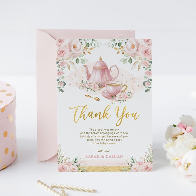 Baby is Brewing Pink Floral Baby Shower Tea Party Thank You Card (Creator Uploaded)