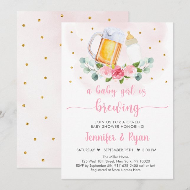 Baby Is Brewing Pink Gold Floral Baby Shower Invitation (Front/Back)