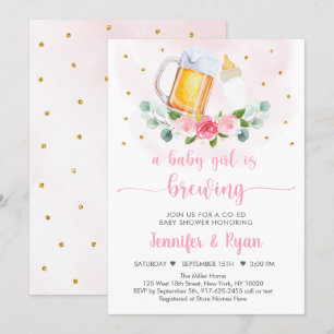 Baby Is Brewing Pink Gold Floral Baby Shower Invitation