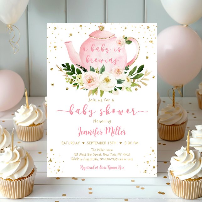Baby Is Brewing Pink Gold Tea Baby Shower Invitation (Creator Uploaded)