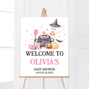 Baby is Brewing Pink Halloween Baby Shower Welcome Poster