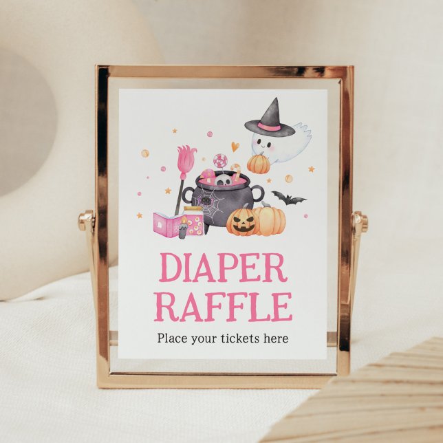 Baby is Brewing Pink Halloween Diaper Raffle Poster (Baby is Brewing Baby Shower Diaper Raffle Sign)