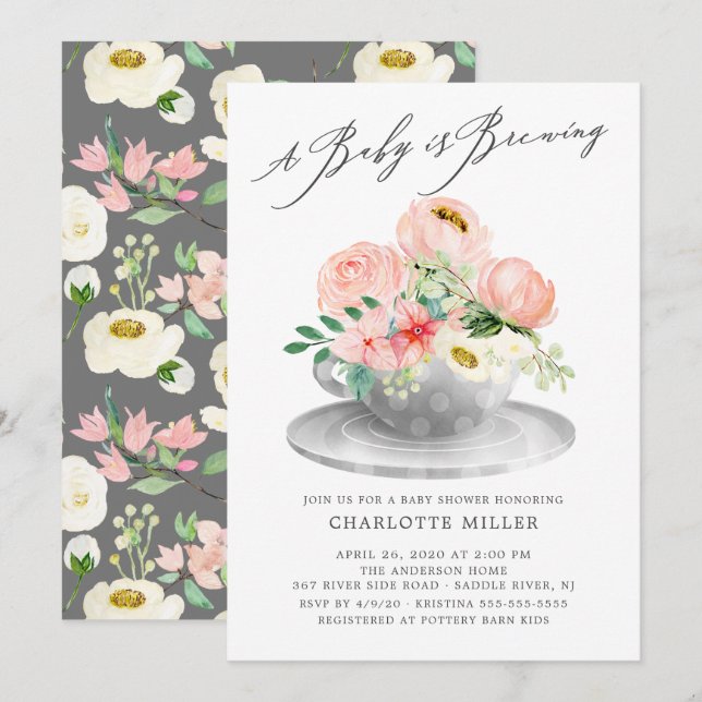 Baby Is Brewing Pink Peonies Floral Baby Tea Invitation (Front/Back)
