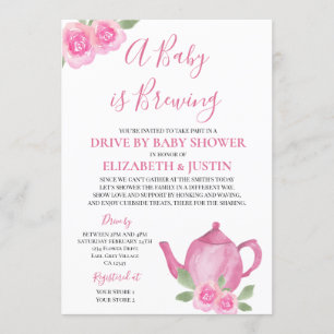 Baby is Brewing Pink Teapot Drive By Baby Shower Invitation