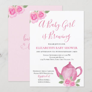 Baby is Brewing Pink Teapot Girl Baby Shower Invitation