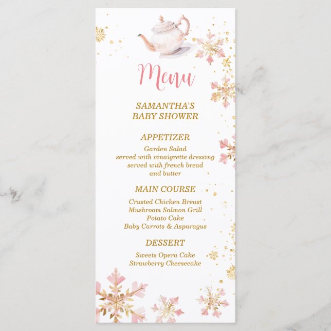 Baby Is Brewing Pink Winter Tea Party Baby Shower Menu (Front)