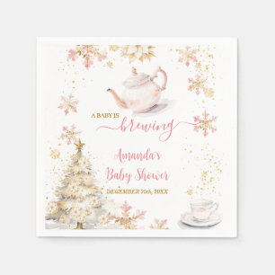 Baby Is Brewing Pink Winter Tea Party Baby Shower Napkin