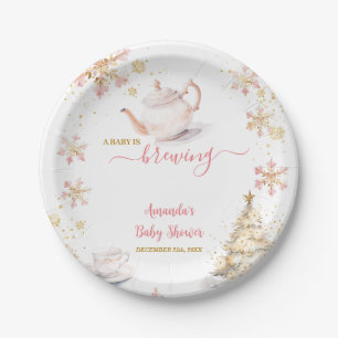 Baby Is Brewing Pink Winter Tea Party Baby Shower Paper Plate