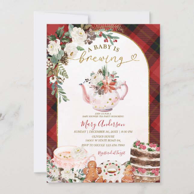 Baby Is Brewing Plaid Tea Party Winter Baby Shower Invitation (Front)