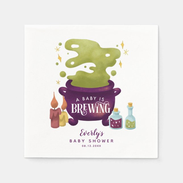 Baby Is Brewing Purple Green Halloween Baby Shower Napkin (Front)