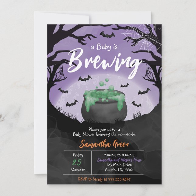 Baby is Brewing Purple Halloween Baby Shower Invitation (Front)