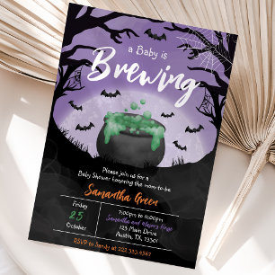 Baby is Brewing Purple Halloween Baby Shower Invitation