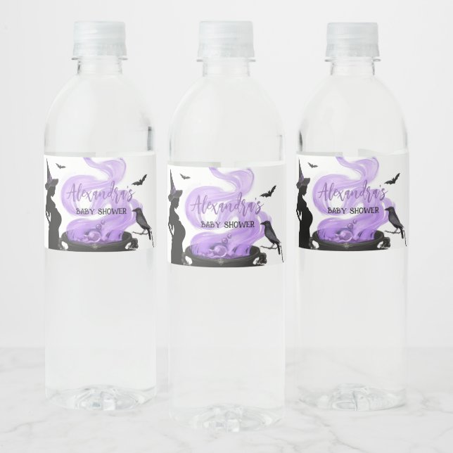 Baby is Brewing Purple Witch Baby Shower Water Bottle Label (Bottles)