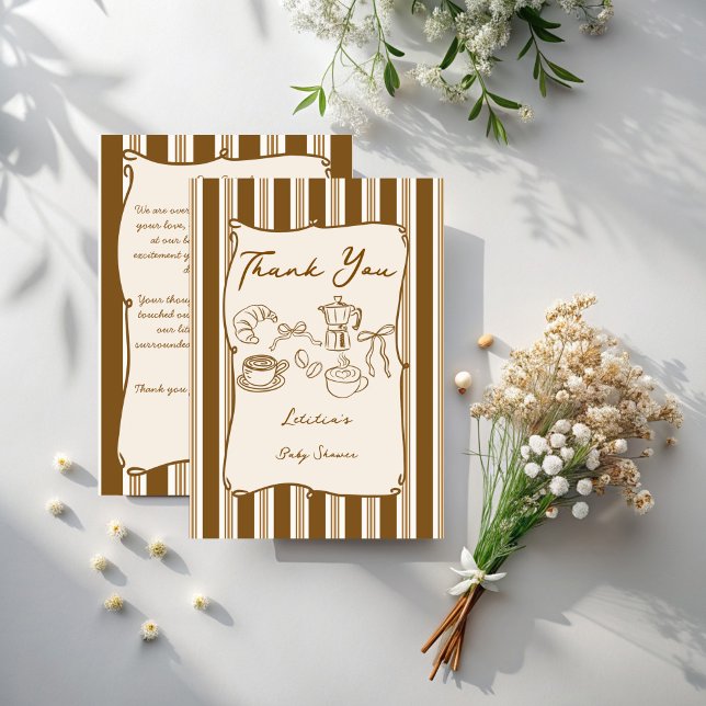Baby is brewing retro stripes coffee baby shower thank you card (Baby is brewing retro stripes coffee baby shower thank you card hand drawn coffee baby shower )
