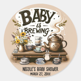 Baby is Brewing Rustic Tea Kettle Peach Shower Classic Round Sticker