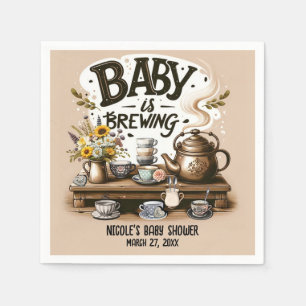Baby is Brewing Rustic Tea Kettle Peach Shower Napkin