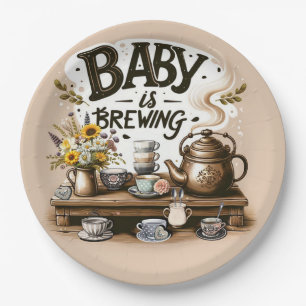Baby is Brewing Rustic Tea Kettle Peach Shower Paper Plate