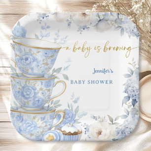 Baby Is Brewing Tea Party Baby Shower Blue & Gold Paper Plate