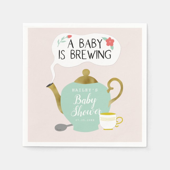 Baby Is Brewing | Tea Party Floral Baby Shower Napkin (Front)