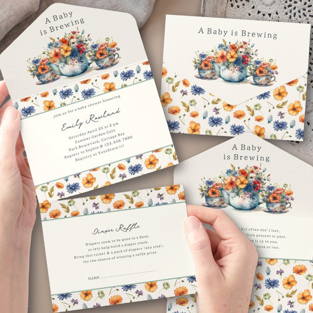 Baby is Brewing Teapot and Teacups Baby Shower All In One Invitation (Trifold Baby Shower Invitation. All-in-One design with book request + tear-off Diaper Raffle Ticket)
