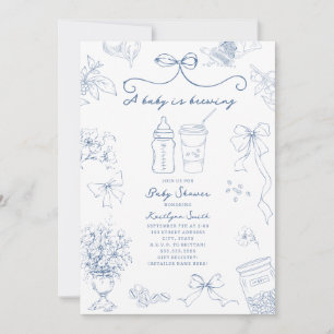 Baby Is Brewing Toile Coffee Blue Baby Shower Invitation