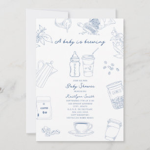 Baby Is Brewing Toile Coffee Blue Boy Baby Shower Invitation
