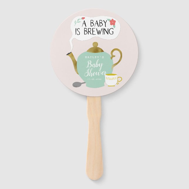 Baby Is Brewing Whimsical Tea Party Baby Shower Hand Fan (Front)