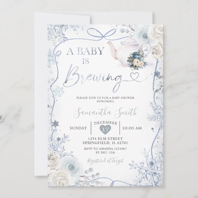 Baby Is Brewing Winter Snow Baby Shower Ribbon Bow Invitation (Front)