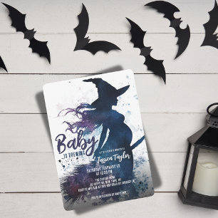 Baby is Brewing Witch Broom Watercolor Invitation