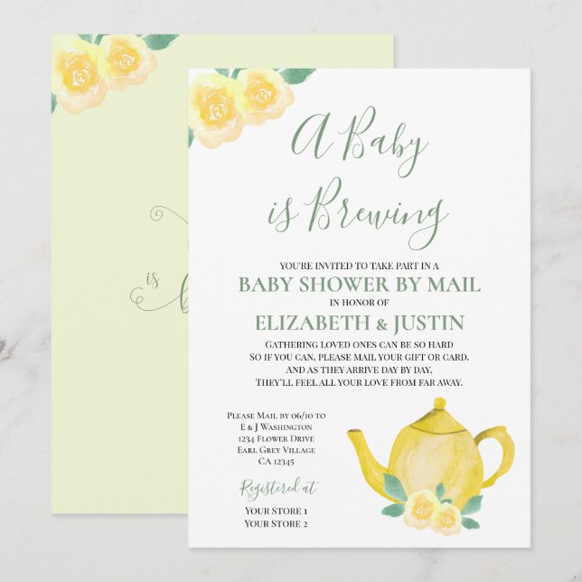 Baby is Brewing Yellow Teapot Baby Shower by Mail Invitation (Front/Back)