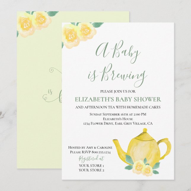 Baby is Brewing Yellow Teapot Baby Shower Invitation (Front/Back)