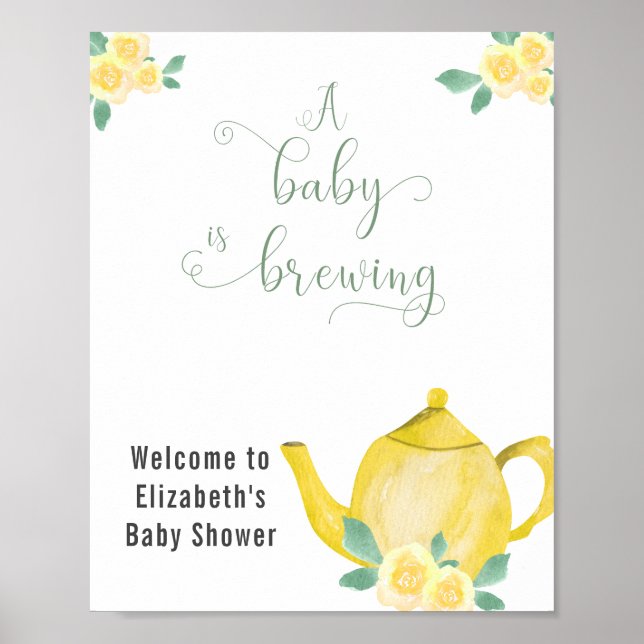 Baby is Brewing Yellow Teapot Baby Shower Welcome Poster (Front)