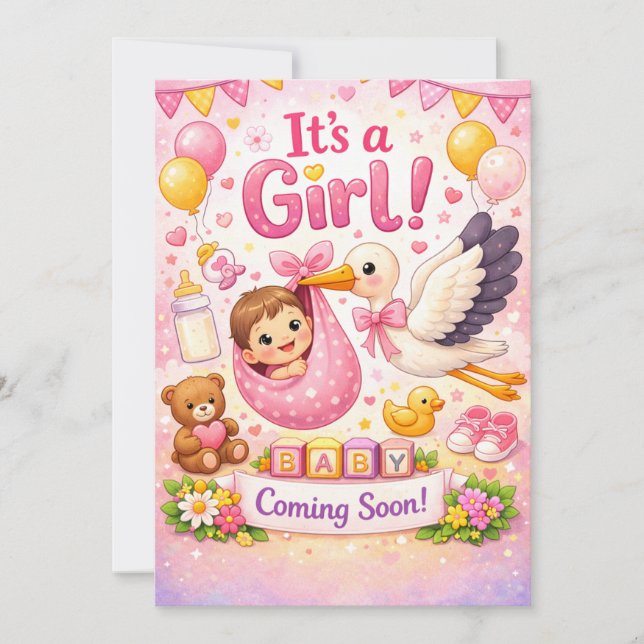 Baby Is Coming – Baby Girl Design  Invitation (Front)