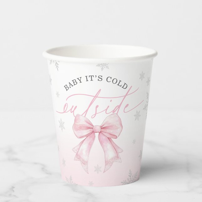 Baby It’s Cold Outside Pink Bow Winter Baby Shower Paper Cups (Front)