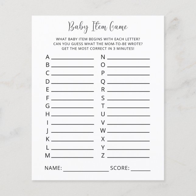 Baby Item Game. Baby Shower Game (Front)