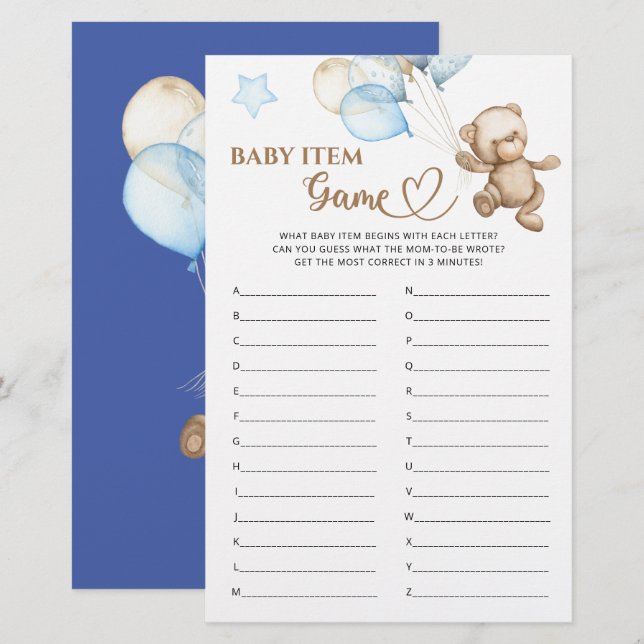 Baby Item Game Teddy Bear Baby Shower (Front/Back)