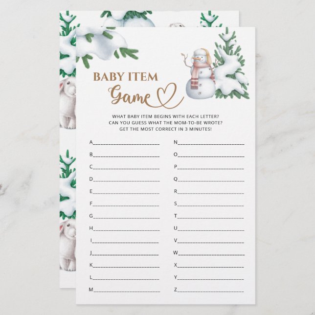 Baby Item Game Winter Baby Shower Game. (Front/Back)