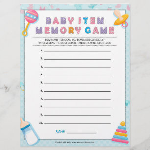 Baby Item Memory Game [Baby Basics Blue] Custom Letterhead