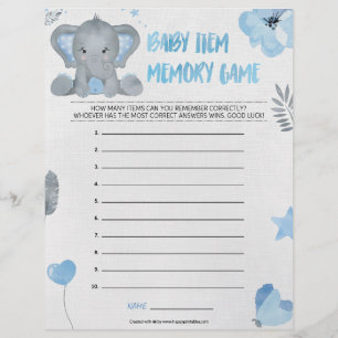 Baby Item Memory Game [Baby Elephant [Blue] Custom Letterhead