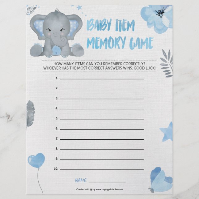 Baby Item Memory Game [Baby Elephant [Blue] Custom Letterhead (Front)