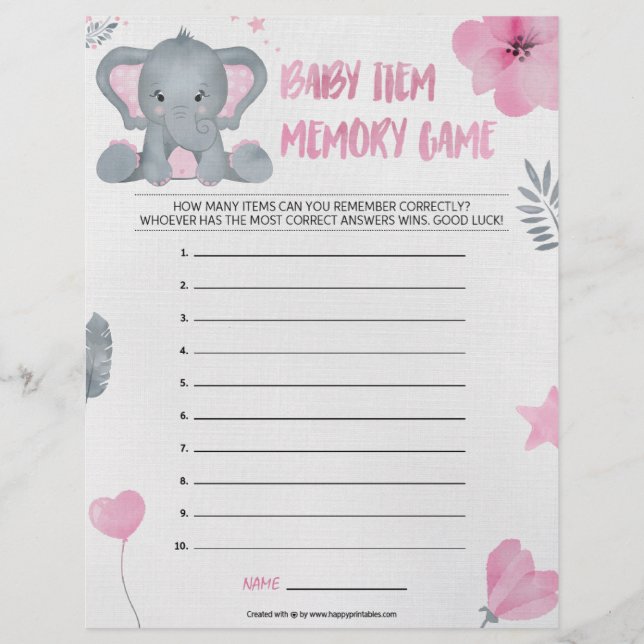 Baby Item Memory Game [Baby Elephant [Pink]] Custom Letterhead (Front)