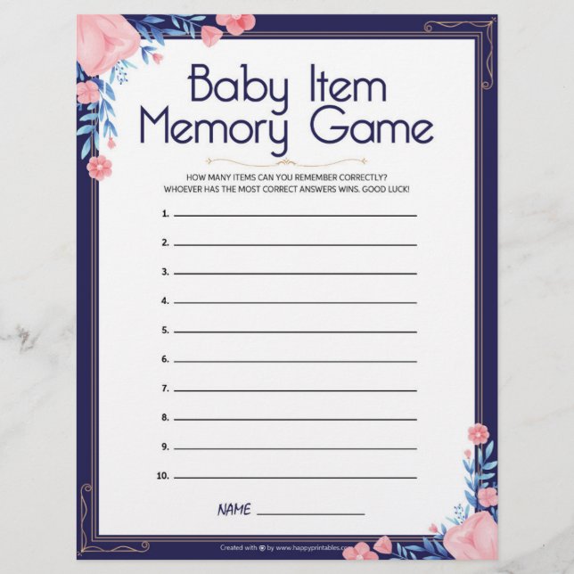 Baby Item Memory Game [Floral Frame] Custom Letterhead (Front)