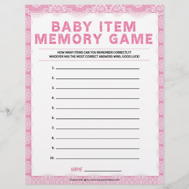 Baby Item Memory Game [Luxury Lace [Pink]] Custom Letterhead (Front)