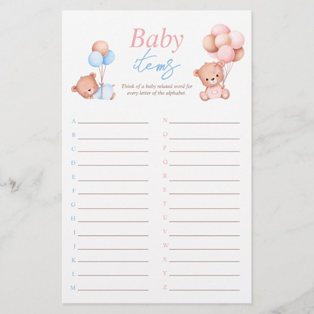 Baby Items Boy Girl Twins Baby Shower Game Flyer (Front)