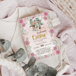 Baby It's cold Floral Deer Baby Girl Shower  Invitation