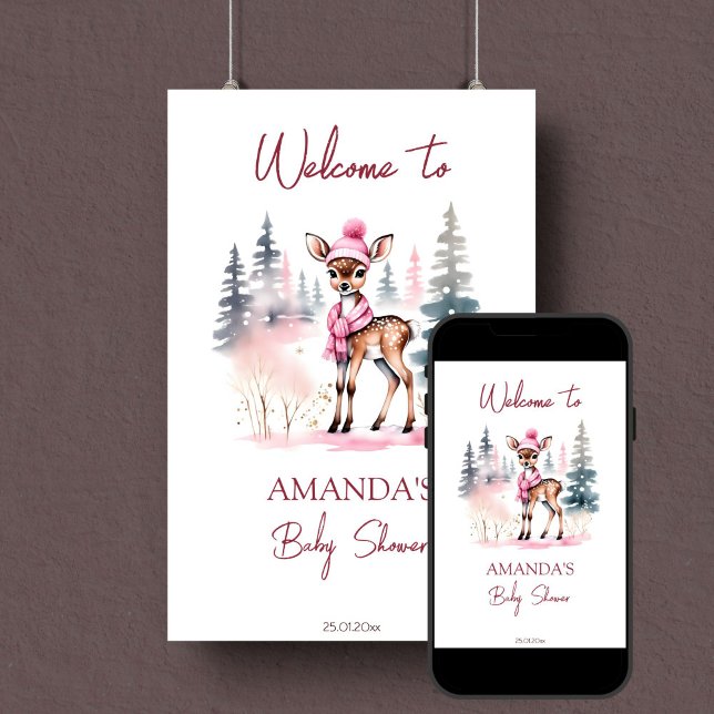 Baby it's cold girl deer baby shower welcome sign (Baby it's cold outside cute girl deer baby shower editable template welcome sign digital download )